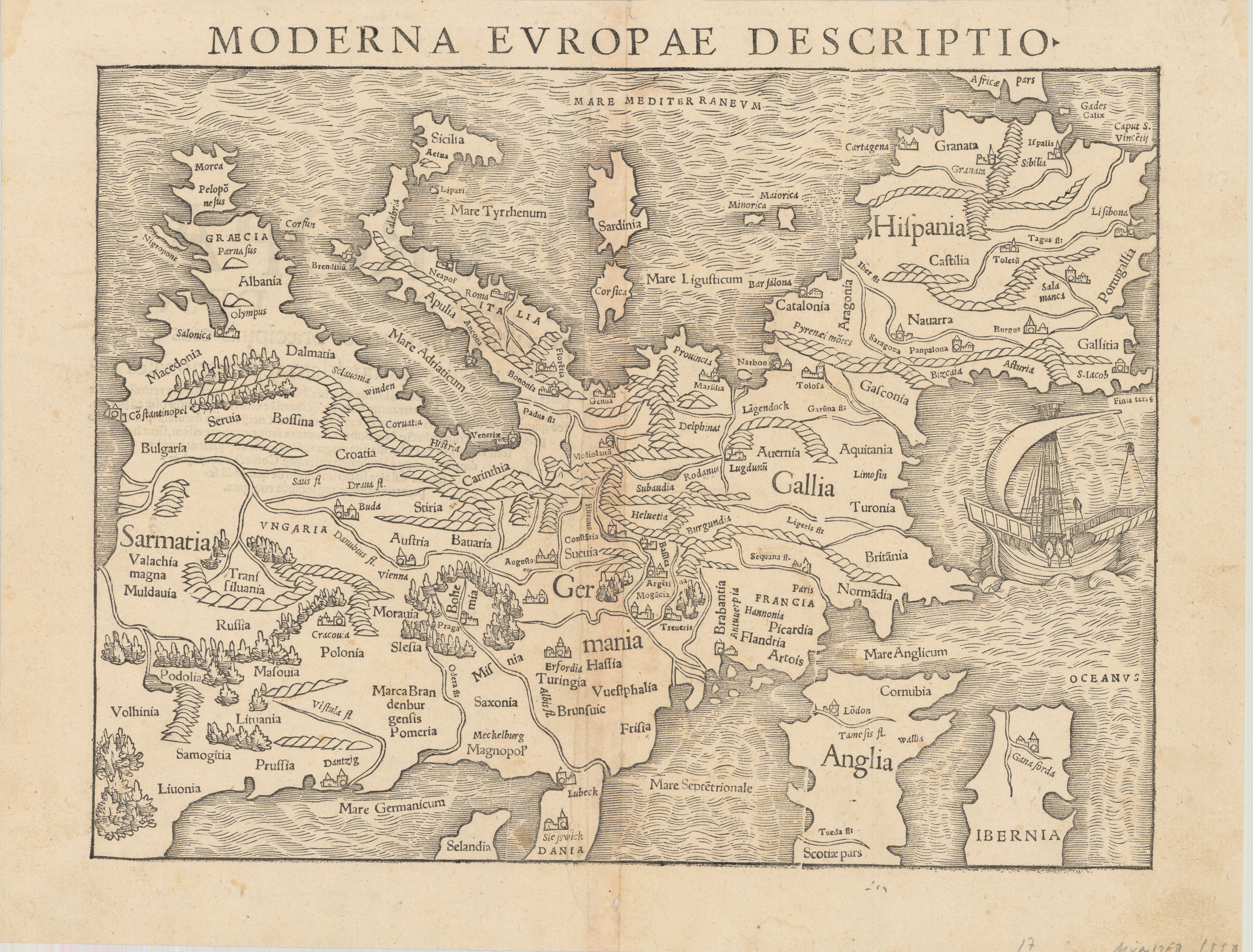 Mapa de Europa por Sebastian Münster y publicado en su obra "Geographia", en Basilea en 1550